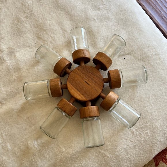 Digsmed Other - Vintage Digsmed 1964 Denmark Wall Tea Spice Rack Glass Storage Jars on Wheels